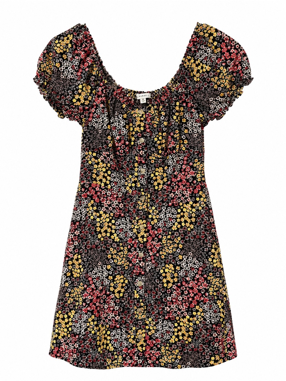 bailey blue Black Floral Puff-Sleeve Mini Dress with Yellow & Pink Blooms